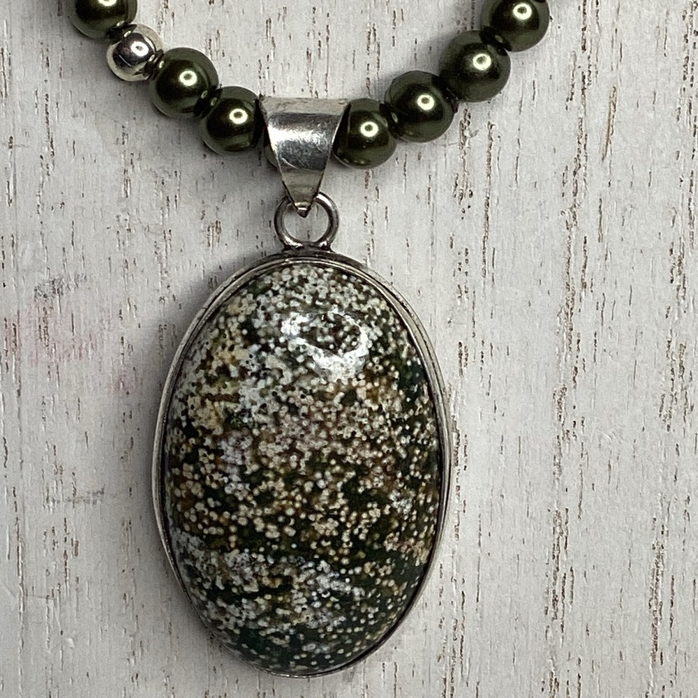 Hand strung 16” Peacock Tahitian Pearls, SS W/Jasper Pendant Necklace, Unique